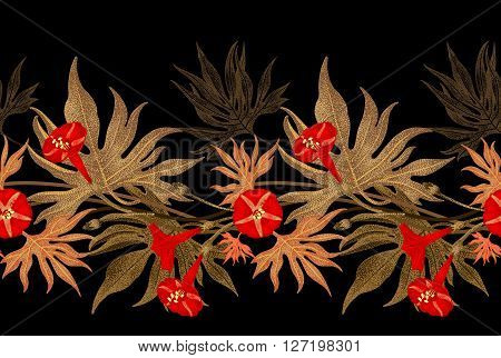 Exotic climbing plant ivy. Vector seamless floral pattern. Golden branch leaves red flowers on black background. Illustration in vintage style - template design luxury packaging textile paper.