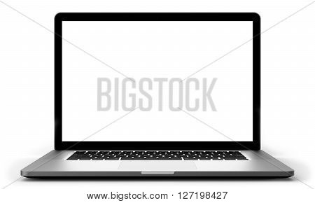 Laptop with blank screen isolated on white background, silver aluminium body. 3D rendering.
