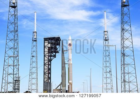 United Launch Alliance Atlas-V Rocket on Launch Pad. Orbital ATK resupply vessel ready for delivery to International Space Station