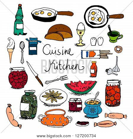 Kitchen and food set hand drawn colorful sketches vintage style