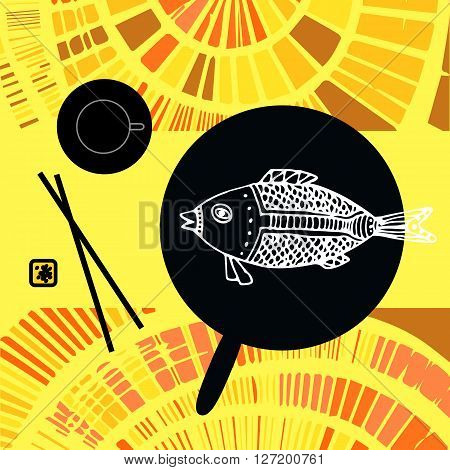 Japanese still life with fried fish chopsticks and tea pairs on the bright decorative background. Flat design.