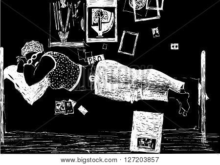 Sleeping girl on the bed picturesquely scattered among journals. Graphics drawing by hand.