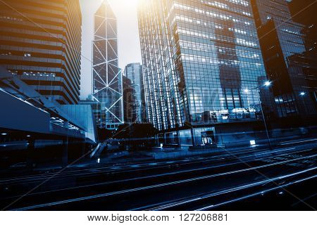 light trails in the downtown district,hong kong china.