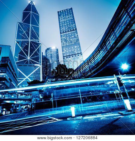 light trails in the downtown district,hong kong china.