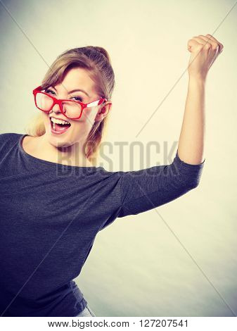 Independent woman just got new job. Celebrate the huge success.