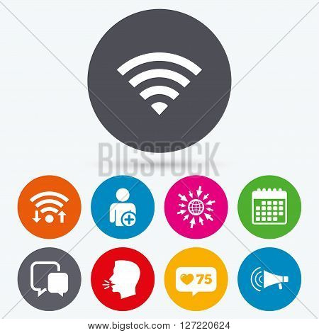 Wifi, like counter and calendar icons. Wifi and chat bubbles icons. Add user and megaphone loudspeaker symbols. Communication signs. Human talk, go to web.