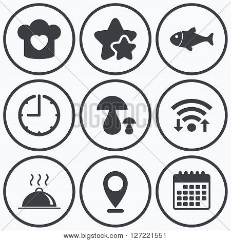 Clock, wifi and stars icons. Chief hat with heart and cooking pan icons. Fish and boletus mushrooms signs. Hot food platter serving symbol. Calendar symbol.
