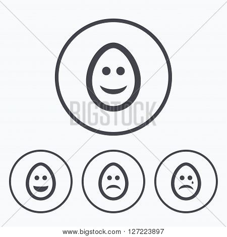 Eggs happy and sad faces icons. Crying smiley with tear symbols. Tradition Easter Pasch signs. Icons in circles.