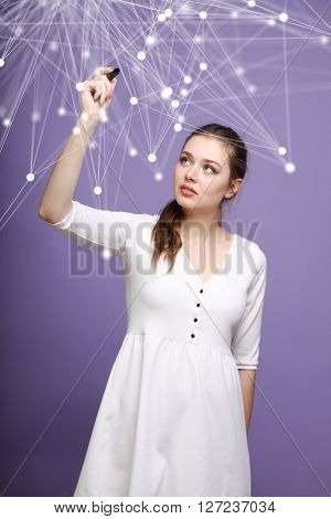 Global network connection concept, woman working with futuristic computer interface.