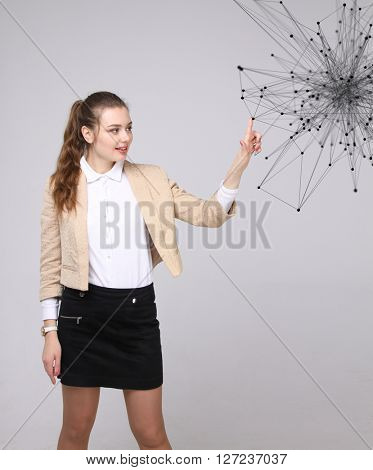 Global network connection concept, woman working with futuristic computer interface.