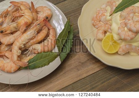 cooked prawns, peeled prawns with mayonnaise, bay leaves