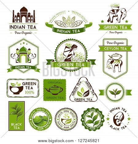 Green, indian, ceylon and black tea labels, badges and banners. Tea decorative elements for package design