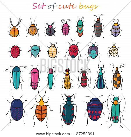 Set of 25 cute color cartoon insects in vector. Bugs doodle collection.
