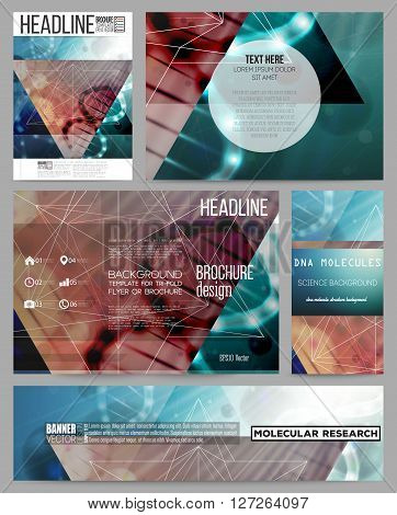 Set of business templates for presentation, brochure, flyer or booklet. DNA molecule structure on dark geen background. Science vector background.
