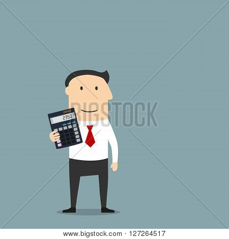 Cartoon businessman or accountant is showing an electronic desktop calculator with copy space on display. Use as business presentation, financial report or advertisement design