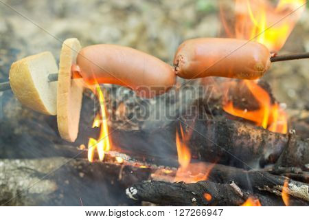 sausage on a skewer roasting on the fire