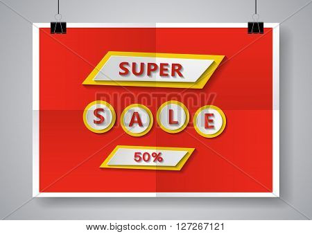 Super Sale at twice folded poster.  Vector illustration.