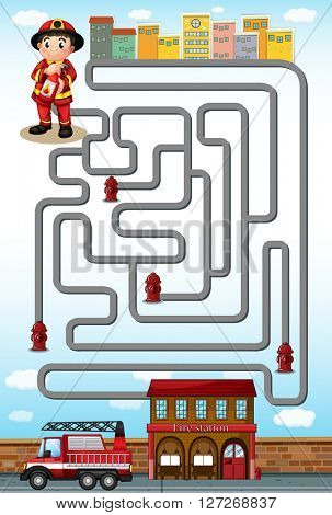 Maze game with fire fighter and station illustration