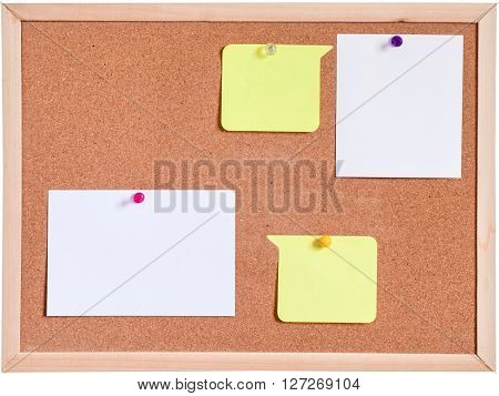 Different Blank papers pin up on cork board isolated on white background
