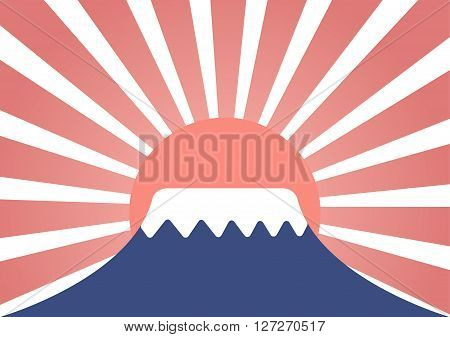 Summer Landscape of mountain with snow like mt-fuji and sun rays of japan flag in background . Vector illustration flat design.
