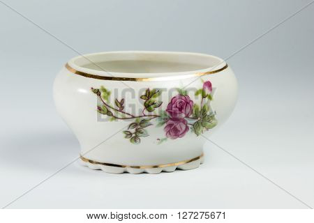 Sugar Bowl With Flowers On White Background
