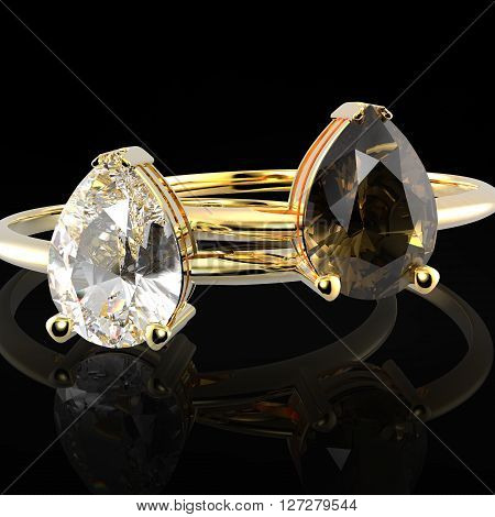Wedding rings with diamonds on a black background. Fashion jewelry. 3d digitally rendered illustration