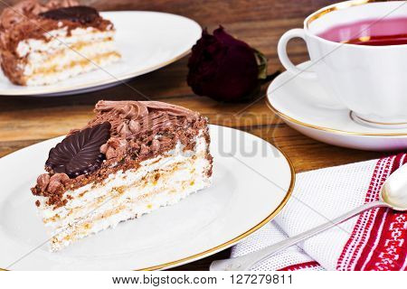 Bezes Cake with Nuts, Whipped Cream and Chocolate Studio Photo