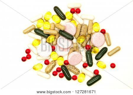 Different pills, medications, the pills  closeup on white background