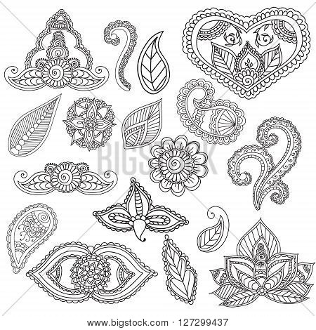 Coloring pages for adults. Cet fo Henna Mehndi Doodles Abstract Floral Paisley Design Elements, Mandala, Vector Illustration. Coloring book. Coloring pages for adults.