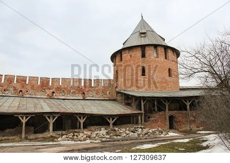 Fedorov driving tower. Types of towers and walls of Kremlin in Veliky Novgorod.