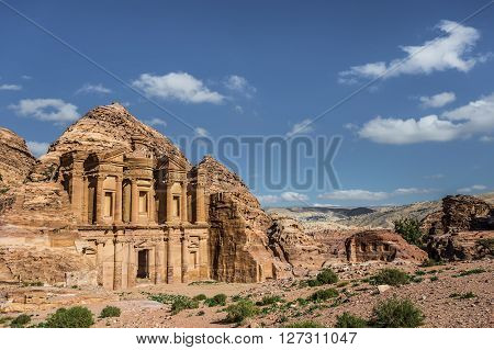 Side view of Ad Deir (aka The Monastery or El Deir) in the ancient city of Petra (Jordan)