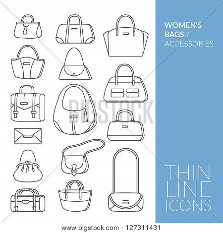 Women's bags and accessories. Set with thin line icons. Vector illustration. EPS 10
