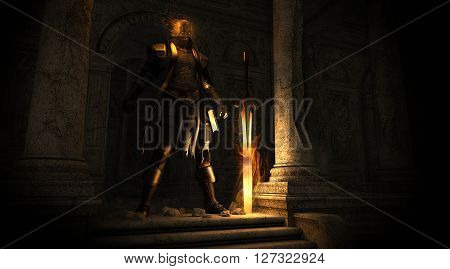 3d render of a Paladin warrior with a flaming sword