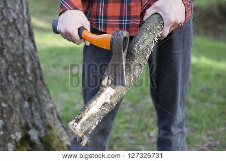 A man chopping wood with an ax.