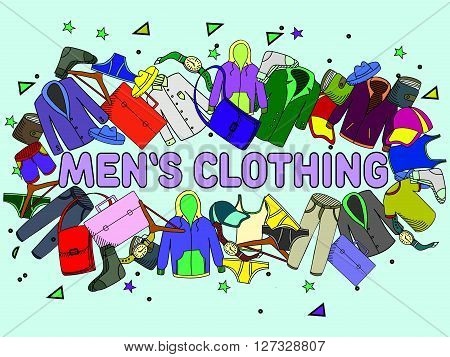 Men clothing line art design vector illustration. Separate objects. Hand drawn doodle design elements.