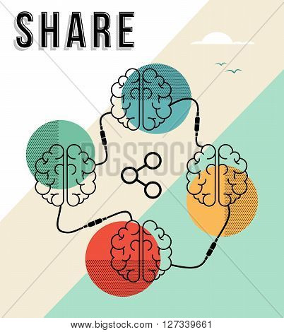 Share concept illustration human brains share knowledge and information in modern flat line art style. EPS10 vector.