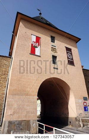 Levoca PRESOV SLOVAKIA - APRIL 03 2016: Old town gate in historical center of Levoca Slovakia.