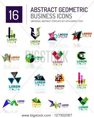 Abstract geometric business logo icon set. Colorful geometrical figure compositions with light effects - triangles circles rings arrows lines