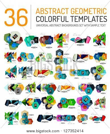 Collection of abstract backgrounds - colorful textured glossy geometric shape compositions with infographics option sample text, repetition of elements. Colorful geometric universal template, bright