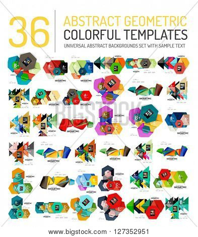 Collection of abstract backgrounds - colorful textured glossy geometric shape compositions with infographics option sample text, repetition of elements. Colorful geometric universal template, bright