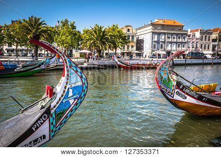 Aveiro Portugal - 22 May2015: Moliceiro boats sail along the central canal