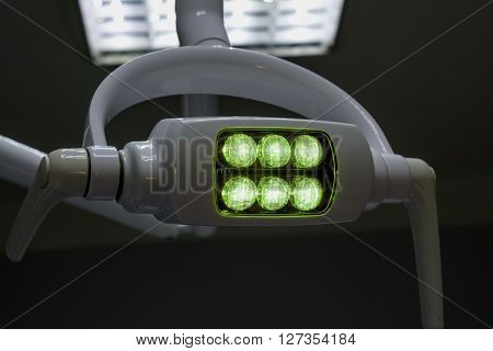 Glowing White Medical Shadowless Lamp With Green Light In The Dark Room