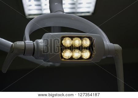 Glowing White Medical Shadowless Lamp With Yellow Light In The Dark Room