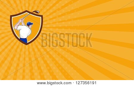 Business card showing illustration of a golfer playing golf swinging club tee off viewed from back rear set inside shield crest on isolated background done in cartoon style.
