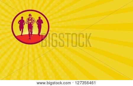 Business card showing illustration of a marathon runner with fellow runners in the back viewed from front set inside circle with sunburst in the background done in retro woodcut style.
