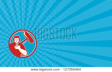 Business card showing illustration of a soundman worker with headphone holding a telescopic microphone pole viewed from front done in retro style inside circle.
