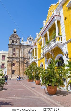 CARTAGENA COLOMBIA - FEB 04 : Street view of the old town of Cartagena Colombia on Februery 04 2016. The historic port city Cartagena is UNESCO World Heritage Site since 1984.