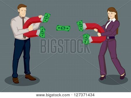 Businessman and businesswoman using magnets to attract dollar notes. Creative vector illustration on business rivals using strategies to attract business concept isolated on plain background.
