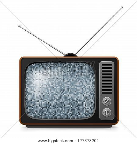 Broken retro TV with noise on screen. Illustration on white
