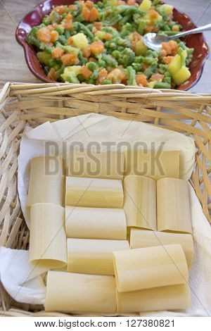 paccheri pasta of gragnano with colored and healthy vegetable ragout